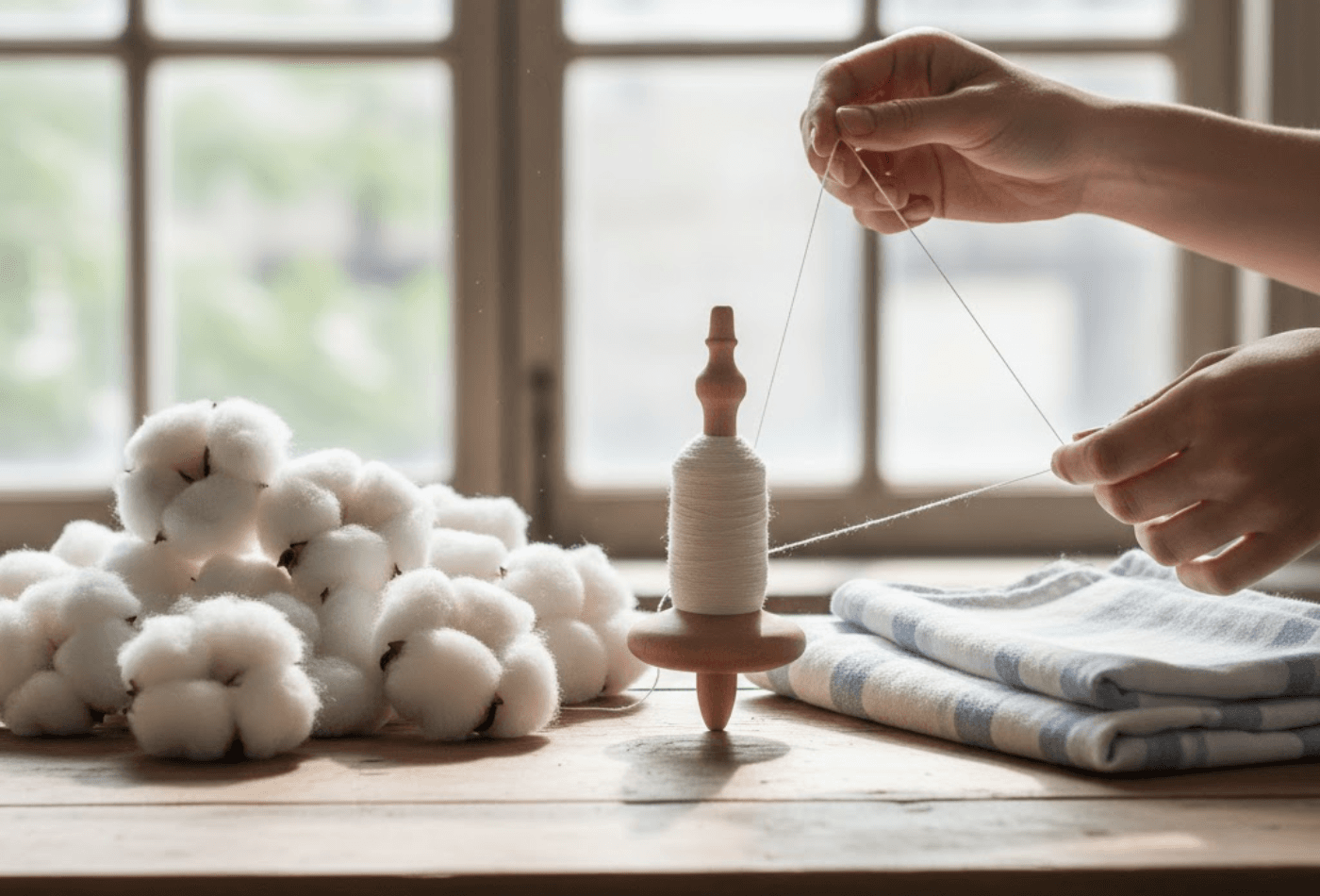 Cotton bolls growing in a field under sunlight, symbolising the beginning of fabric