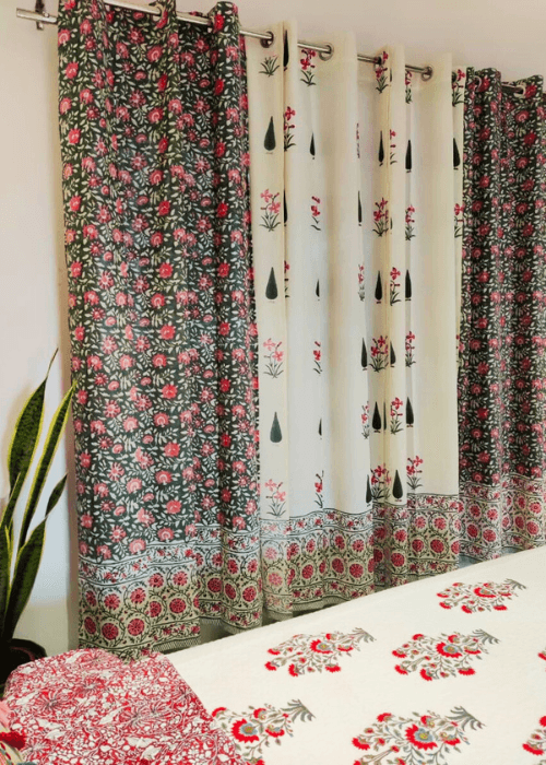 Floral furnishings featuring traditional Sanganeri hand block printed cotton