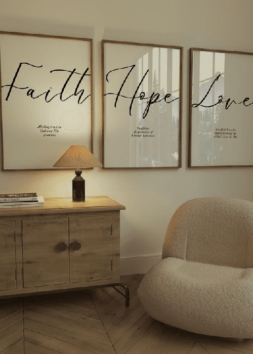 Decorative word art sign displayed on a living room wall