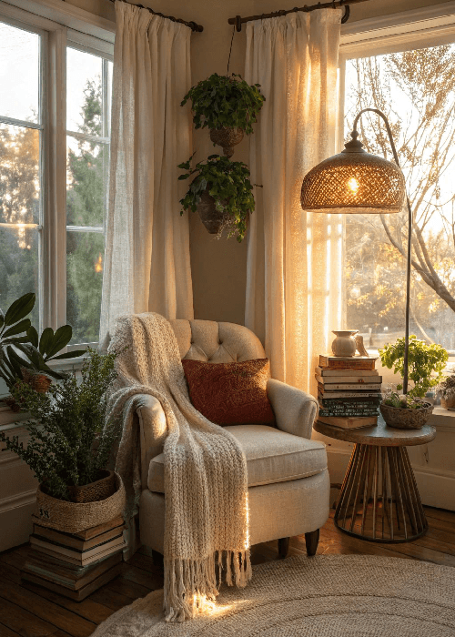 Living room in winter with softened light, cozy textures, layered cushions, and warm throws showing how seasonal changes affect home comfort