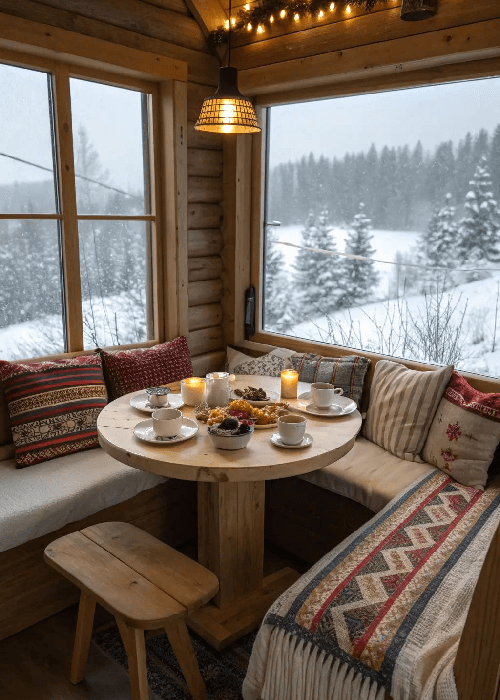 Living room in winter with softened light, cozy textures, layered cushions, and warm throws showing how seasonal changes affect home comfort