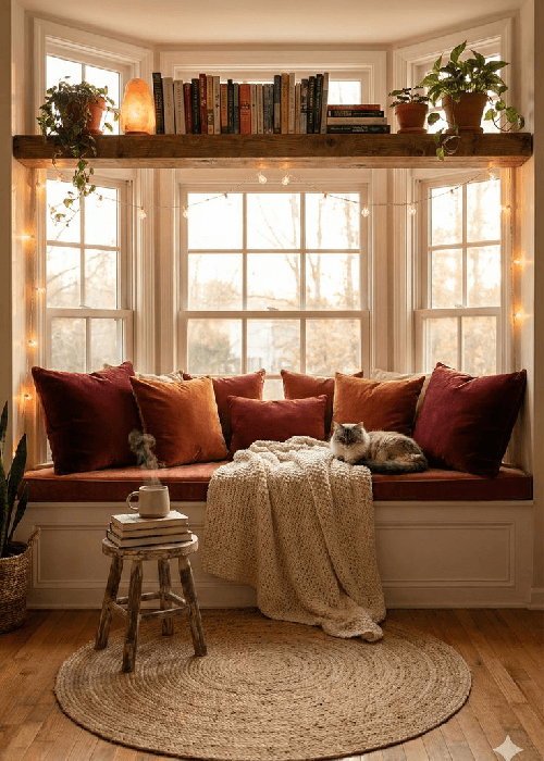 Living room in winter with softened light, cozy textures, layered cushions, and warm throws showing how seasonal changes affect home comfort