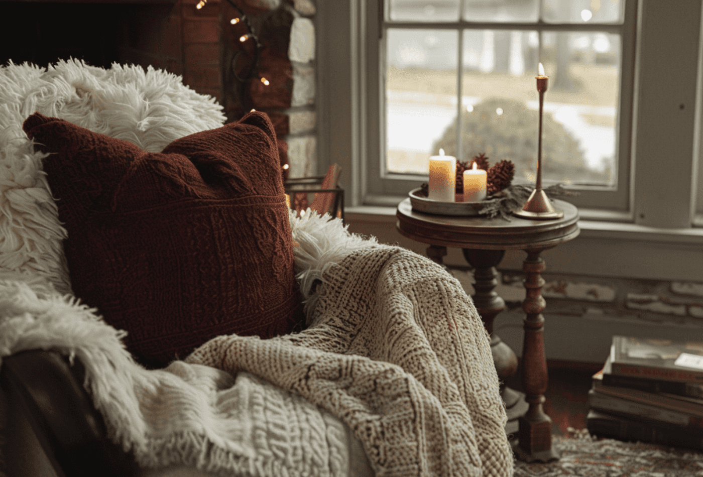 winter living room with floral home furnishings, velvet and chenille cushions, flannel bedding, quilted throws, warm lighting and textured fabrics