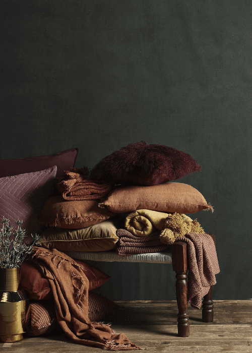 Winter-ready home fabrics including velvet, chenille, wool, fleece, flannel, brushed cotton, quilted cotton, cashmere and layered textiles for sofas and bedding