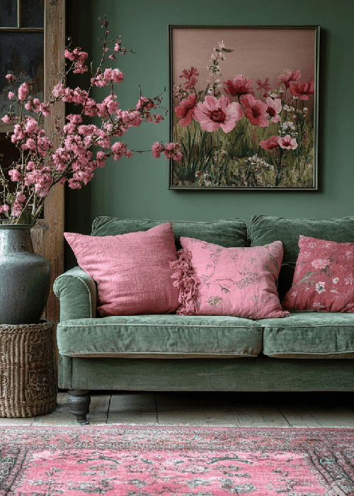 Velvet floral home furnishings in a winter living room, featuring textured velvet cushions and warm, soft lighting.