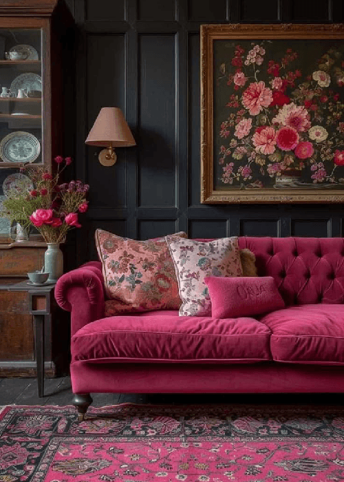 Velvet floral home furnishings in a winter living room, featuring textured velvet cushions and warm, soft lighting.
