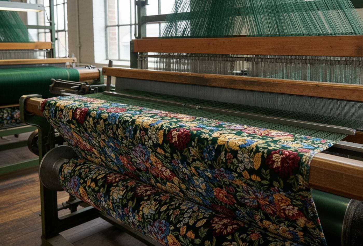 velvet fabric being produced on a double-cloth loom, showing dense pile yarns forming the plush surface during weaving.