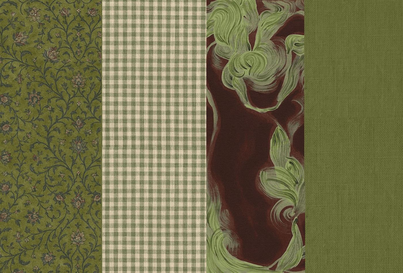 Different fabric prints displayed together, showing floral, geometric, abstract and plain textile patterns in home furnishings