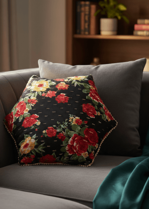 PhoolBagan georgette cushion cover with soft matte texture and fluid drape for summer interiors. Floral home furnishings by PhoolBagan 
