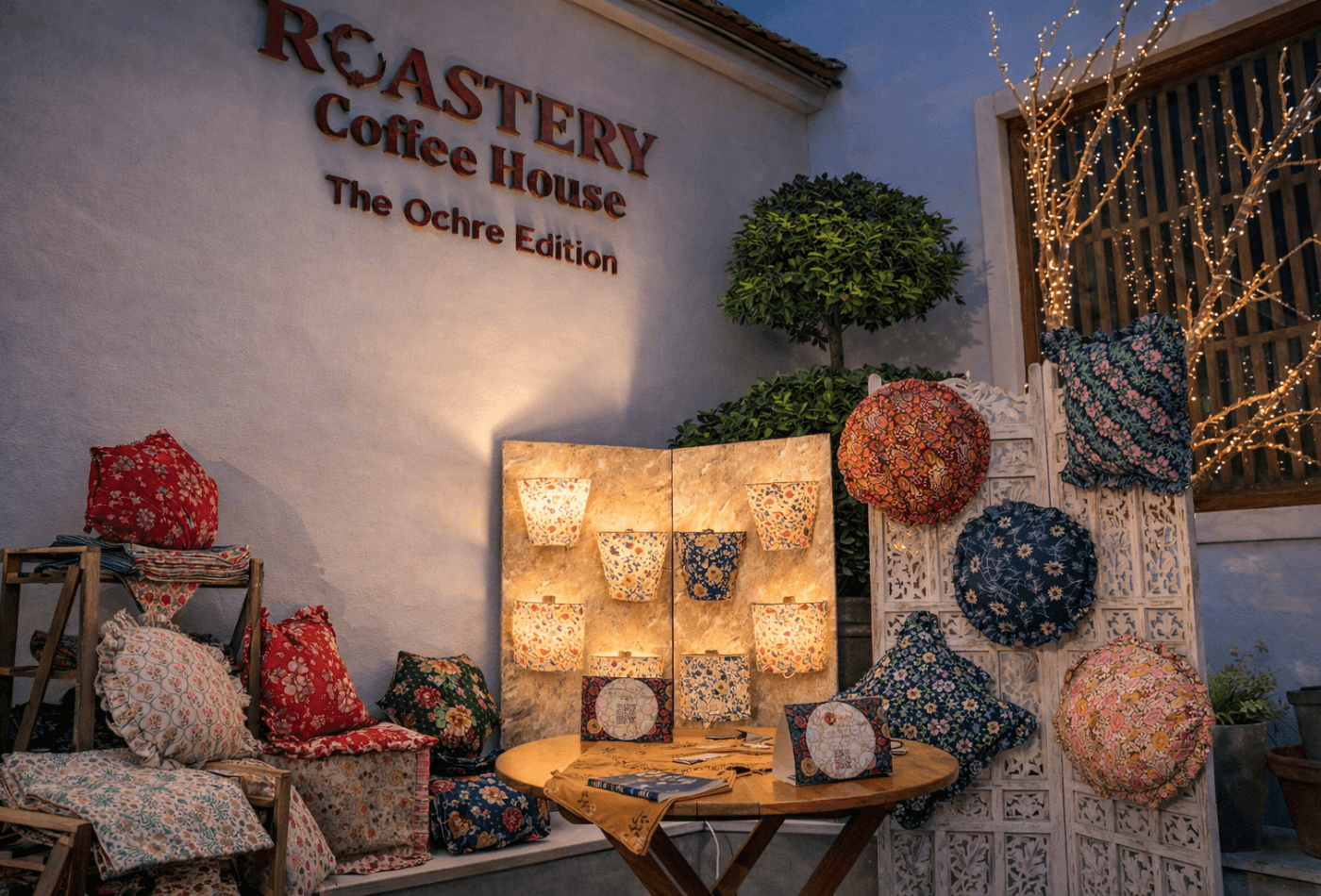 PhoolBagan stall at Roastery Women’s Day Urban Flea in Noida displaying floral cushion cover and floral furnishings in cotton, georgette, satin fabric 
