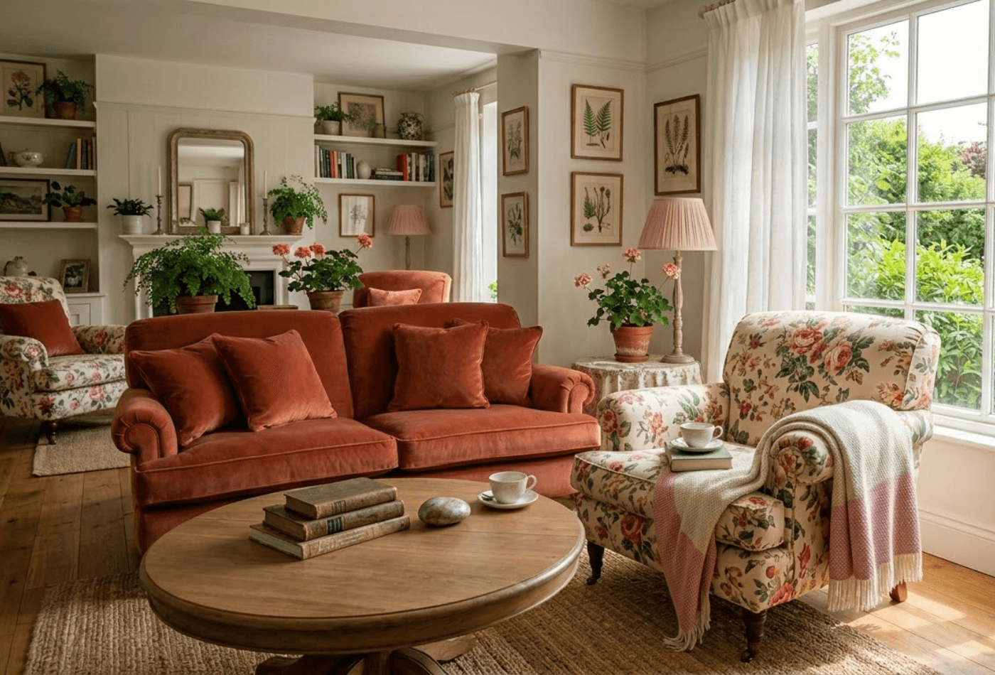 Floral home decor in a sunlit summer interior with natural light and soft furnishings