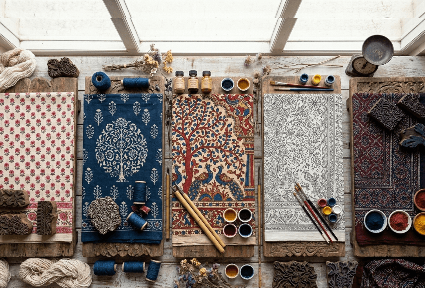 A collection of Indian textile fabrics featuring floral prints in Sanganeri, Bagru, Kalamkari, Madhubani, and Ajrakh styles with rich colors and intricate patterns.