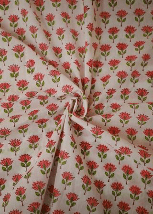 Sanganeri floral prints on cotton fabric – traditional hand-blocked Indian textile art from Rajasthan, perfect for cushion covers, home décor, and floral home furnishings