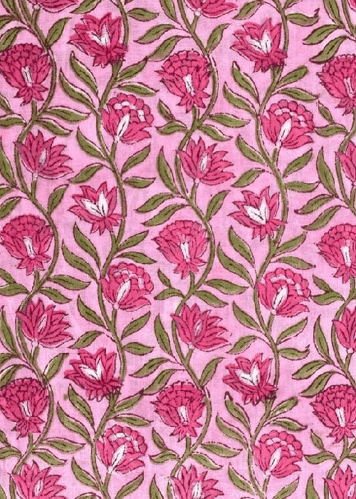Sanganeri floral prints on cotton fabric – traditional hand-blocked Indian textile art from Rajasthan, perfect for cushion covers, home décor, and floral home furnishings