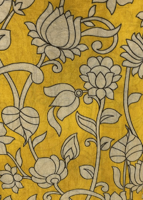 Kalamkari hand-painted cotton fabric with intricate floral and mythological motifs – traditional Indian textile art ideal for cushion covers, home décor, and artisan furnishings