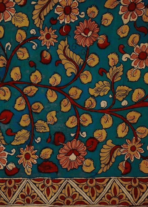 Kalamkari hand-painted cotton fabric with intricate floral and mythological motifs – traditional Indian textile art ideal for cushion covers, home décor, and artisan furnishings