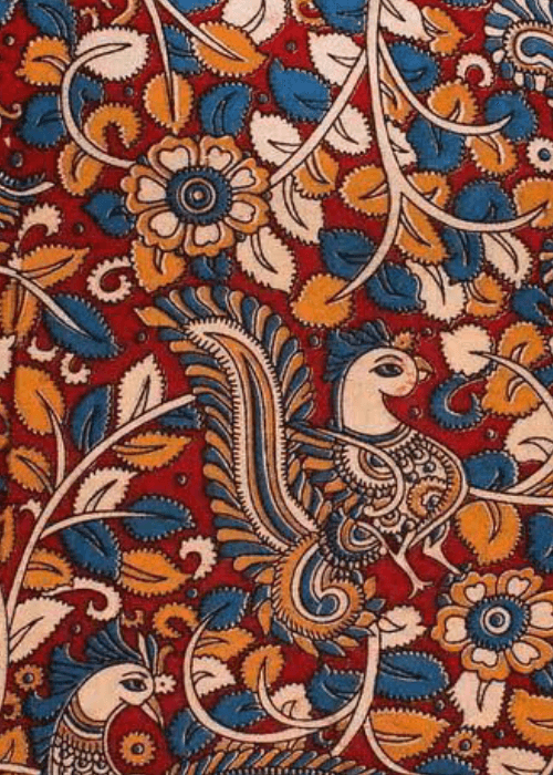 Kalamkari hand-painted cotton fabric with intricate floral and mythological motifs – traditional Indian textile art ideal for cushion covers, home décor, and artisan furnishings