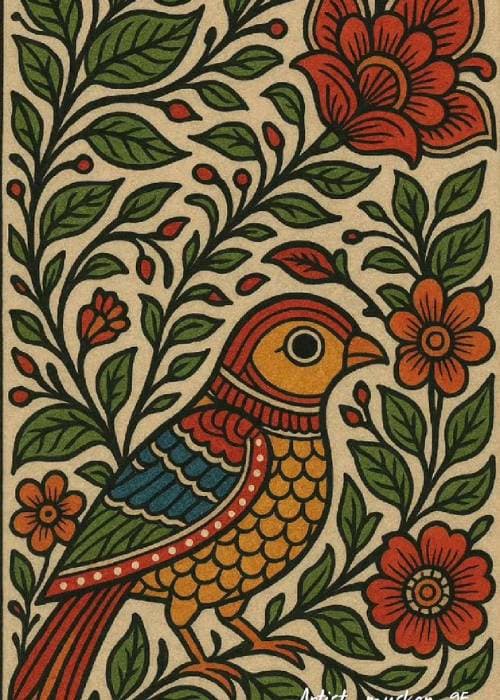 Madhubani fabric with vibrant floral and folk motifs – traditional Indian art perfect for cushions, home décor, and floral home furnishings
