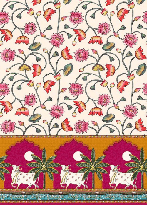 Madhubani fabric with vibrant floral and folk motifs – traditional Indian art perfect for cushions, home décor, and floral home furnishings