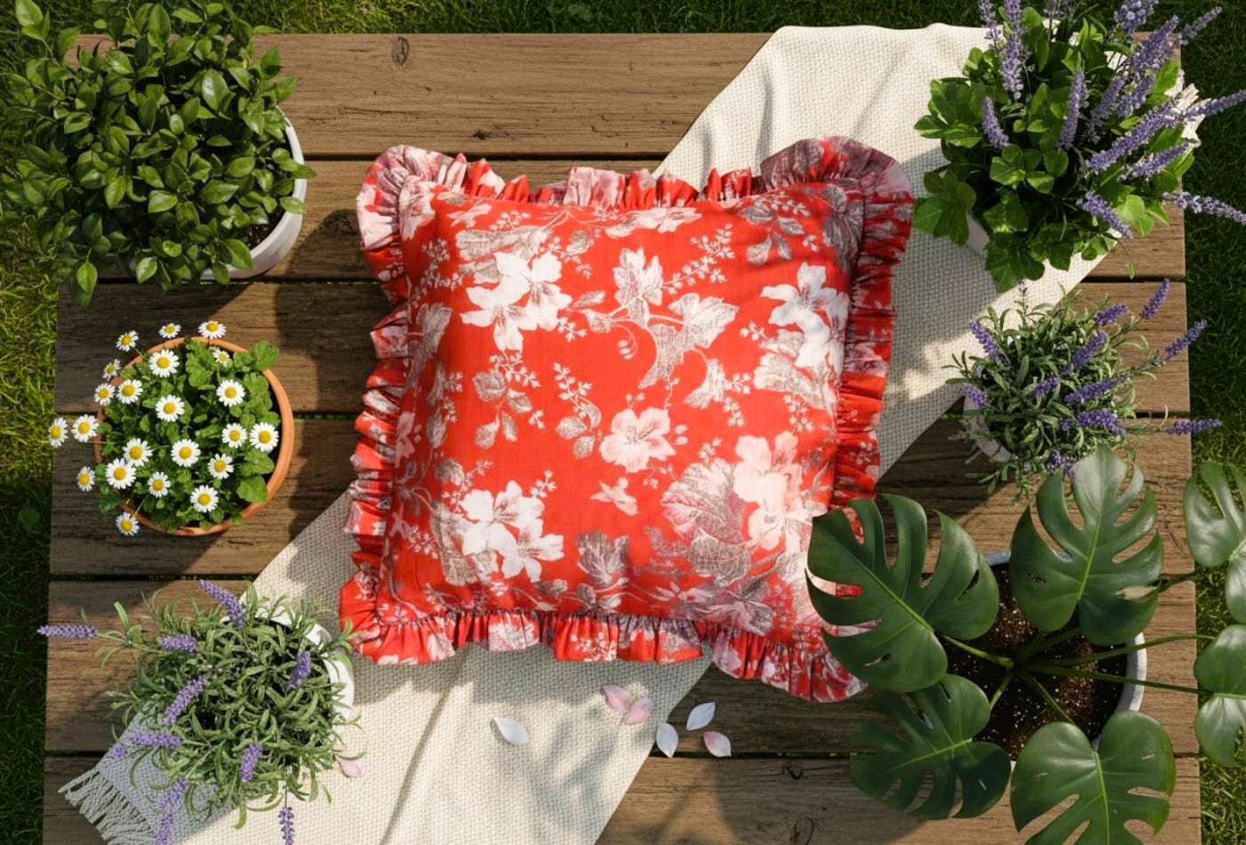 PhoolBagan floral cushion cover with tie closure and frill detailing, handcrafted home furnishing with soft textile design