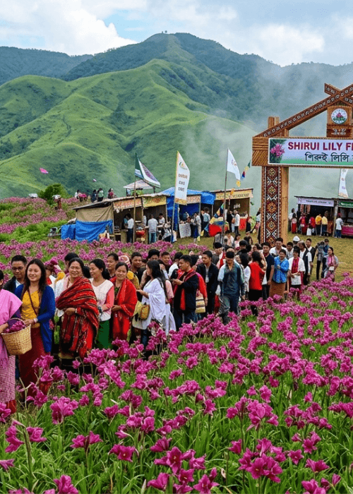 Rare Shirui Lily flowers blooming on Shirui Hills in Ukhrul, Manipur during the annual Shirui Lily Festival in India.
