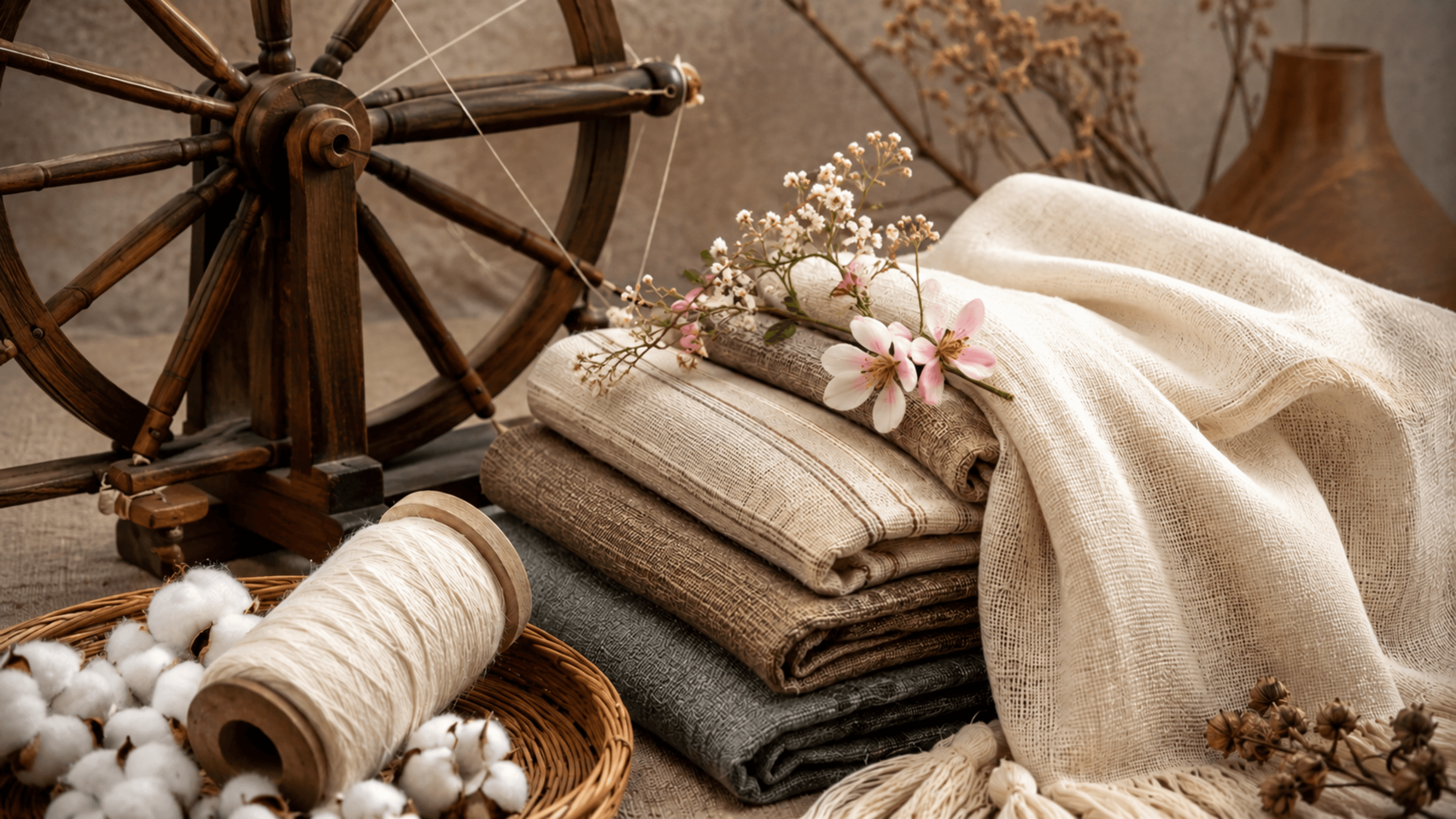 Khadi fabric with spinning wheel, hand-spun yarn and cotton fibres, showcasing the traditional process of making India's iconic handwoven textile.