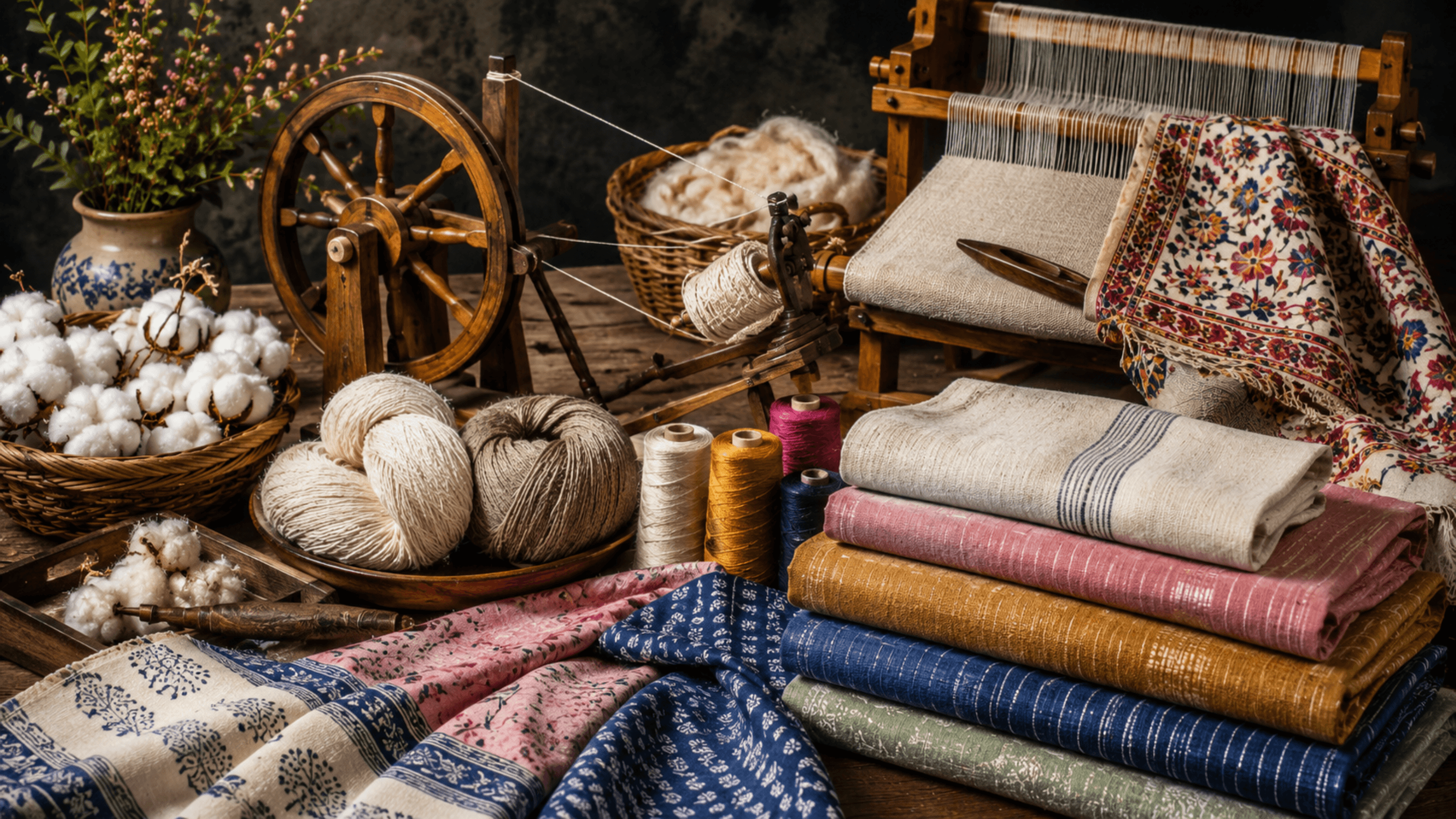 Khadi making process showing cotton fibre, spinning wheel, hand-spun yarn and finished khadi cloth in a traditional Indian textile setting. PhoolBagan | The Floral Way of Living 
