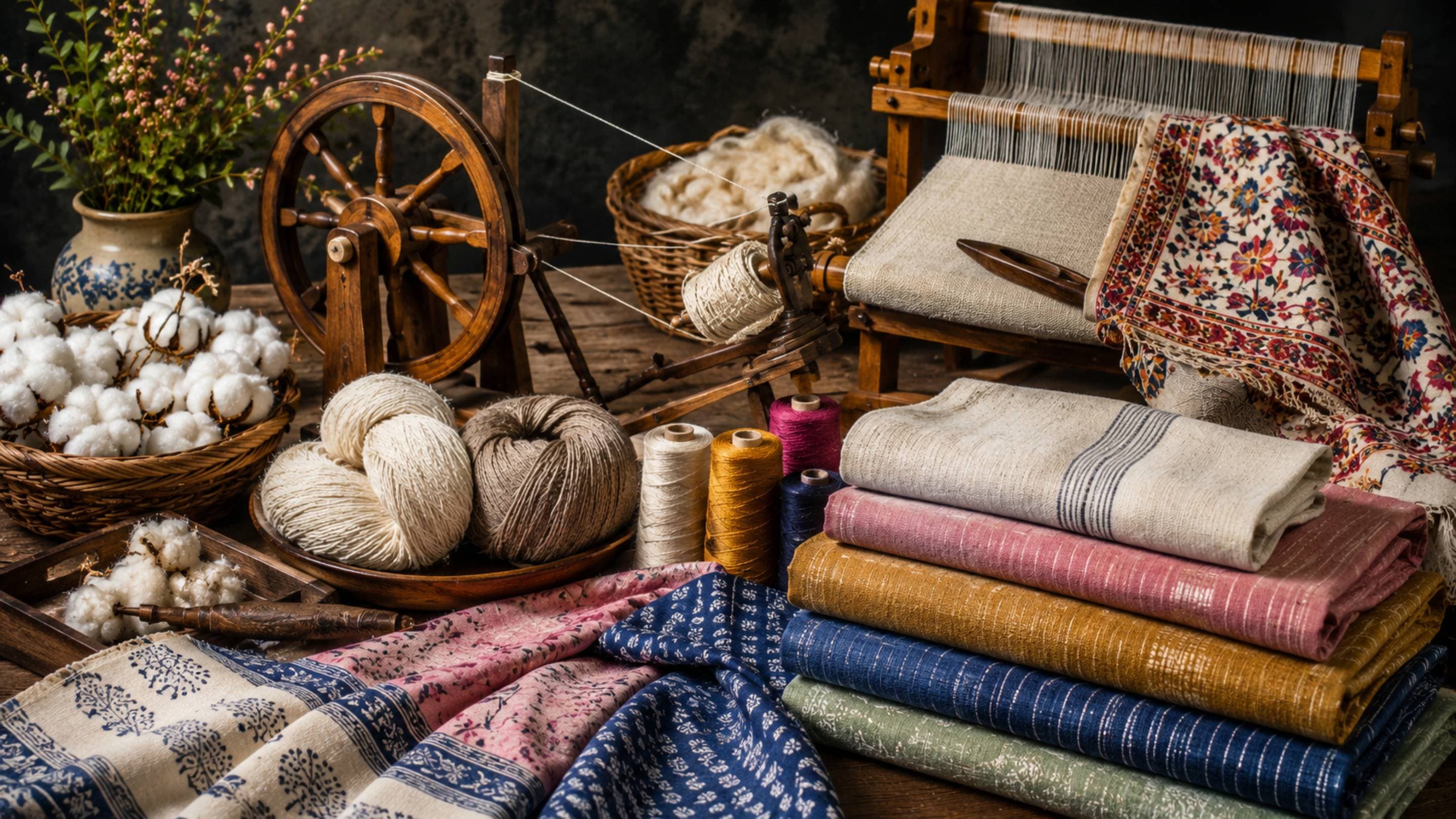 Khadi making process showing cotton fibre, spinning wheel, hand-spun yarn and finished khadi cloth in a traditional Indian textile setting. PhoolBagan | The Floral Way of Living 