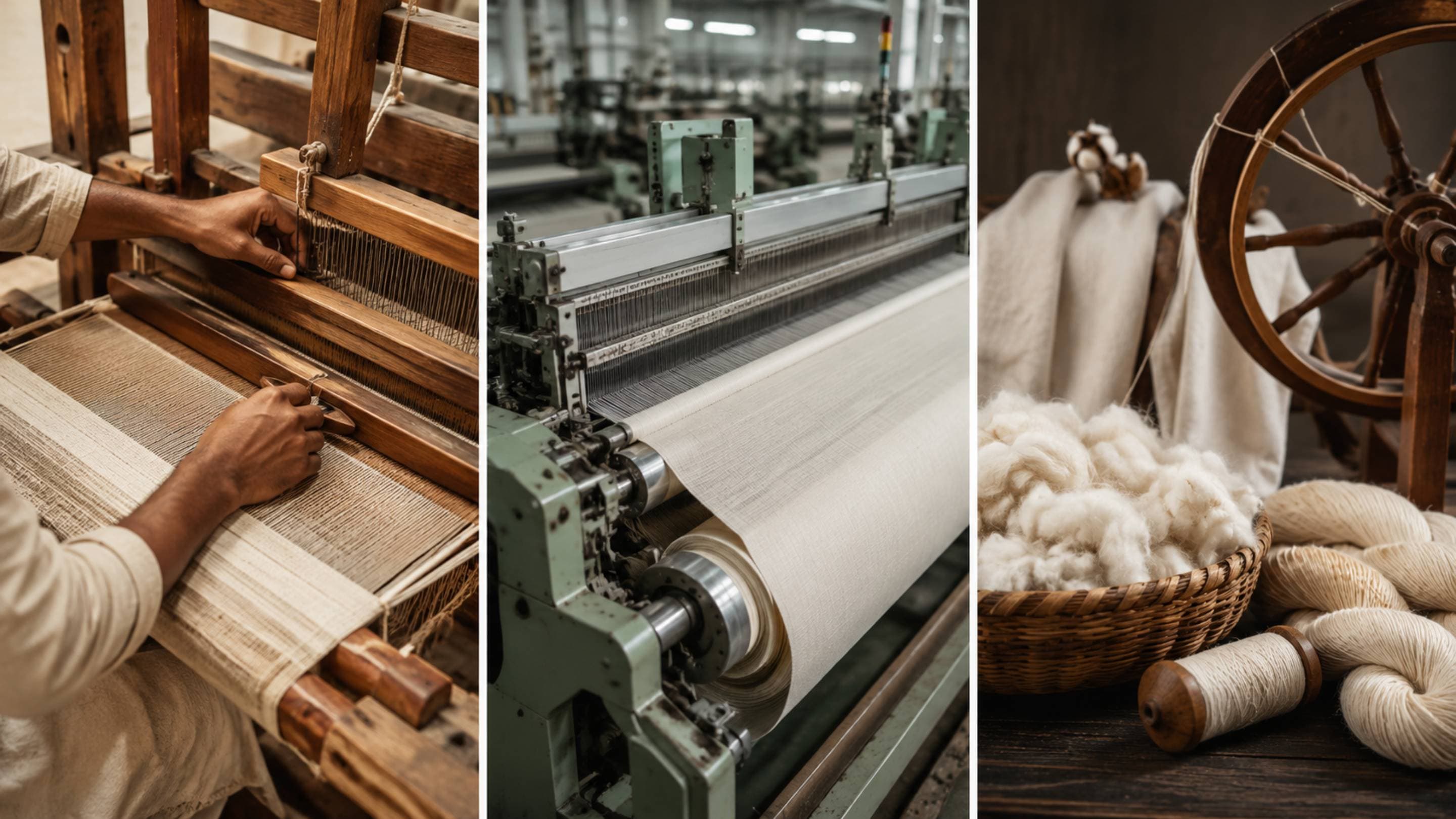 Comparison of handloom, powerloom and khadi showing cotton, yarn, weaving tools and finished fabrics representing different textile-making methods in India.